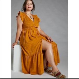 Anthropologie Smocked Ruffle Boho Maxi Dress Color Gold Size 2X